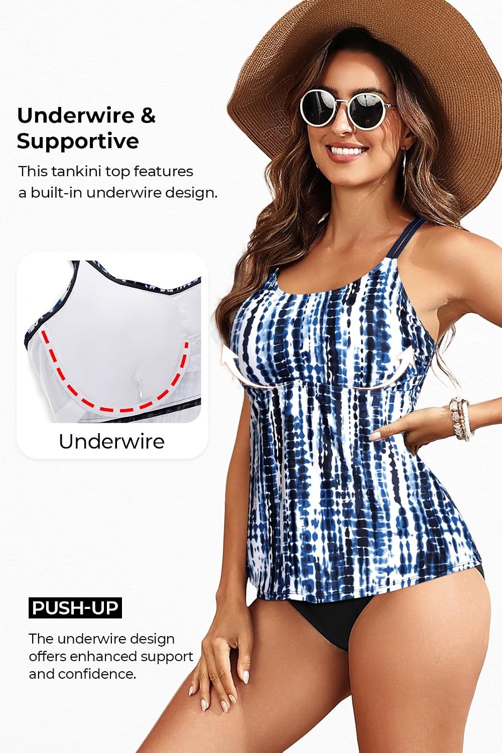 Women Underwire Tankini Top Only – Supportive Flowy Swimsuit Top | Underwire for reliable support Removable pads for customizable coverage Lightly flowy for easy coverage(Blue Tie Dye)