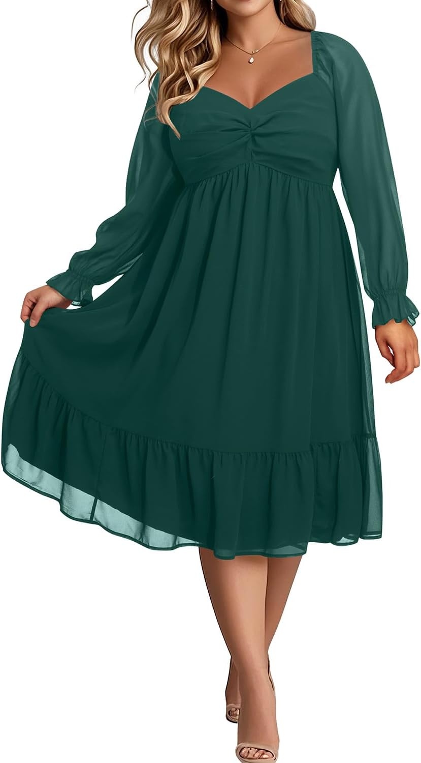Talisea Plus Size Dresses Sweetheart Neckline Long Sleeves Chiffon Party Cocktail A Line Curvy Womens Midi Dress(Green)