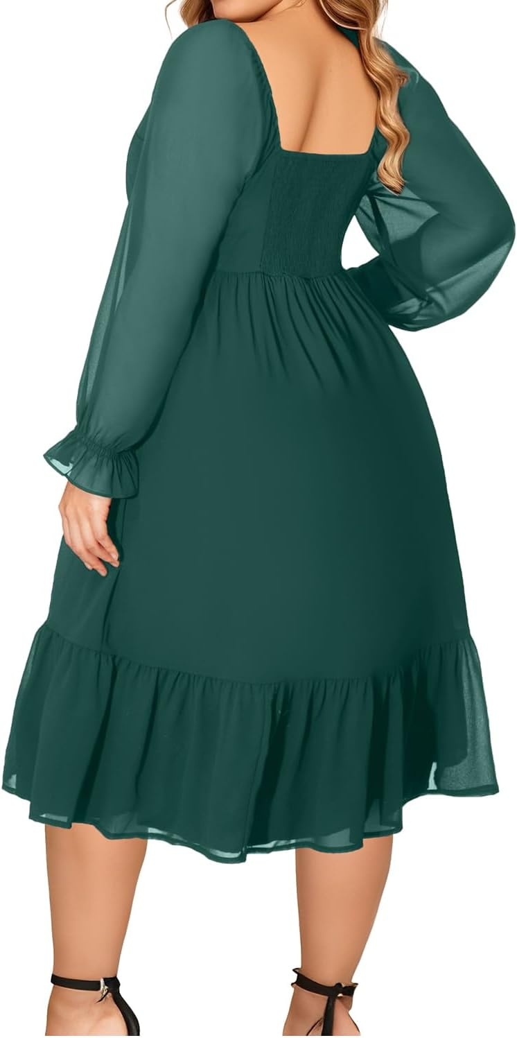 Talisea Plus Size Dresses Sweetheart Neckline Long Sleeves Chiffon Party Cocktail A Line Curvy Womens Midi Dress(Green)