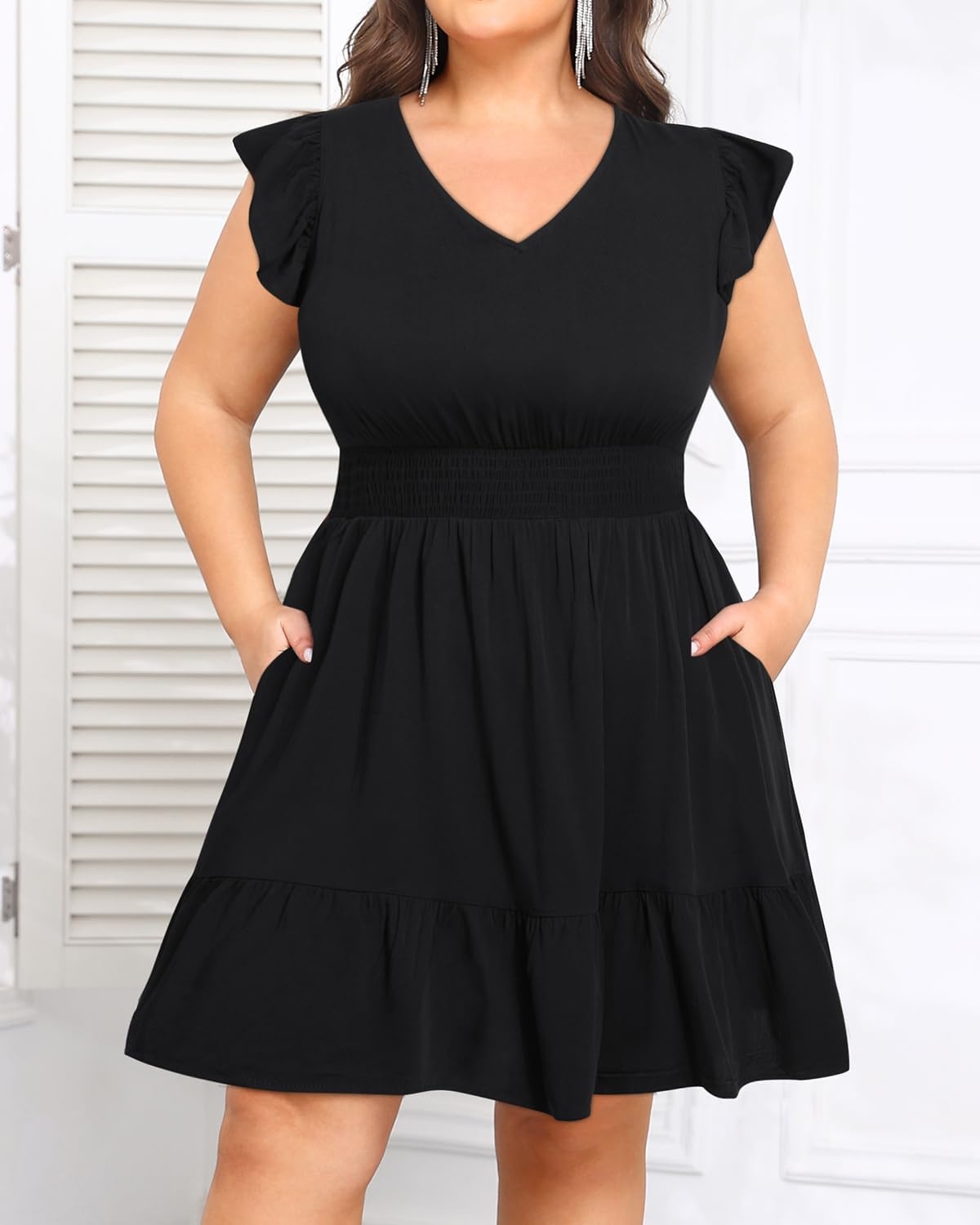 Talisea Womens Plus Size V Neck Ruffle Sleeve Flowy Summer Dress | V neckline / ruffle sleeves / tiered A-line hem / smocked waist / functional pockets / flowy short silhouette(Black)