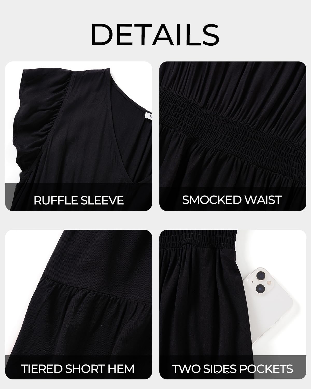 Talisea Womens Plus Size V Neck Ruffle Sleeve Flowy Summer Dress | V neckline / ruffle sleeves / tiered A-line hem / smocked waist / functional pockets / flowy short silhouette(Black)