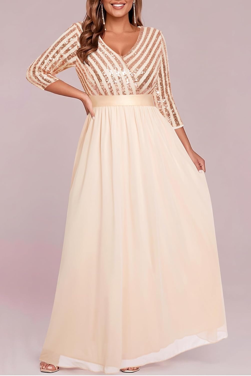 Talisea Womens Plus Size Formal Dresses – V Neck 3/4 Sleeve Sequin Prom Evening Gowns Long Maxi Dress(Rose Gold)