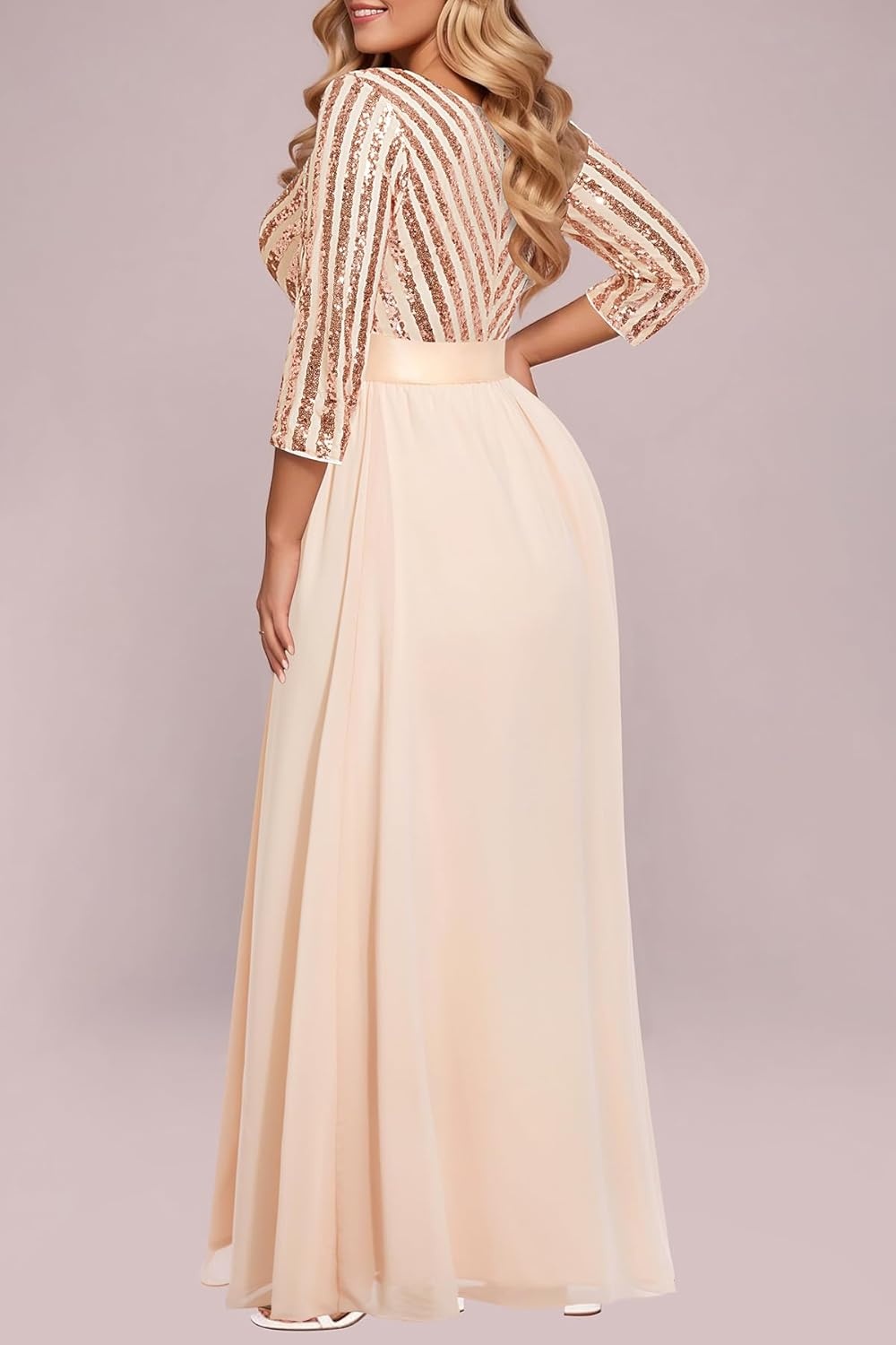 Talisea Womens Plus Size Formal Dresses – V Neck 3/4 Sleeve Sequin Prom Evening Gowns Long Maxi Dress(Rose Gold)