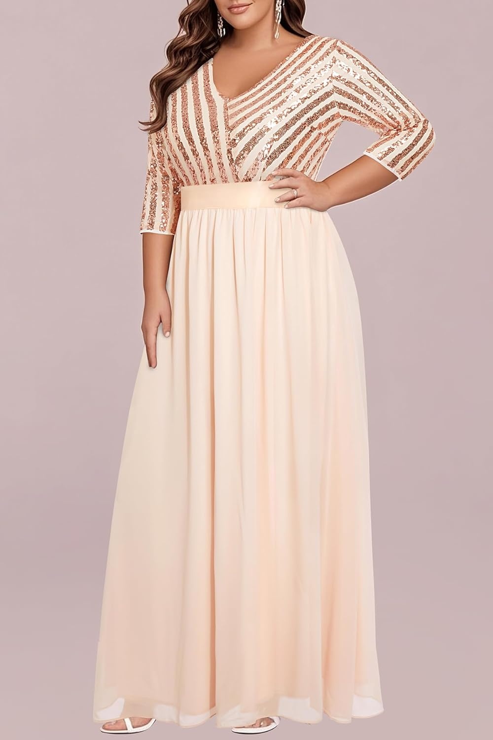 Talisea Womens Plus Size Formal Dresses – V Neck 3/4 Sleeve Sequin Prom Evening Gowns Long Maxi Dress(Rose Gold)