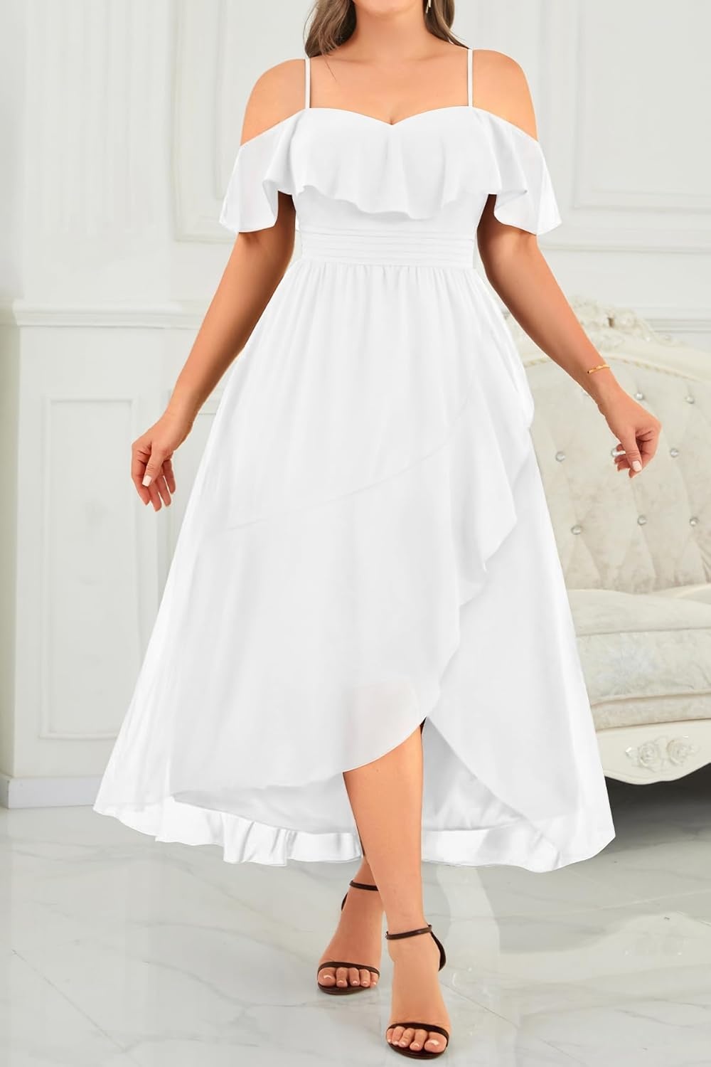 Talisea Plus Size Dresses Wedding Guest – Formal Off The Shoulder Bridesmaid Chiffon Ruffle Long High Low Dress Curvy Women(White)