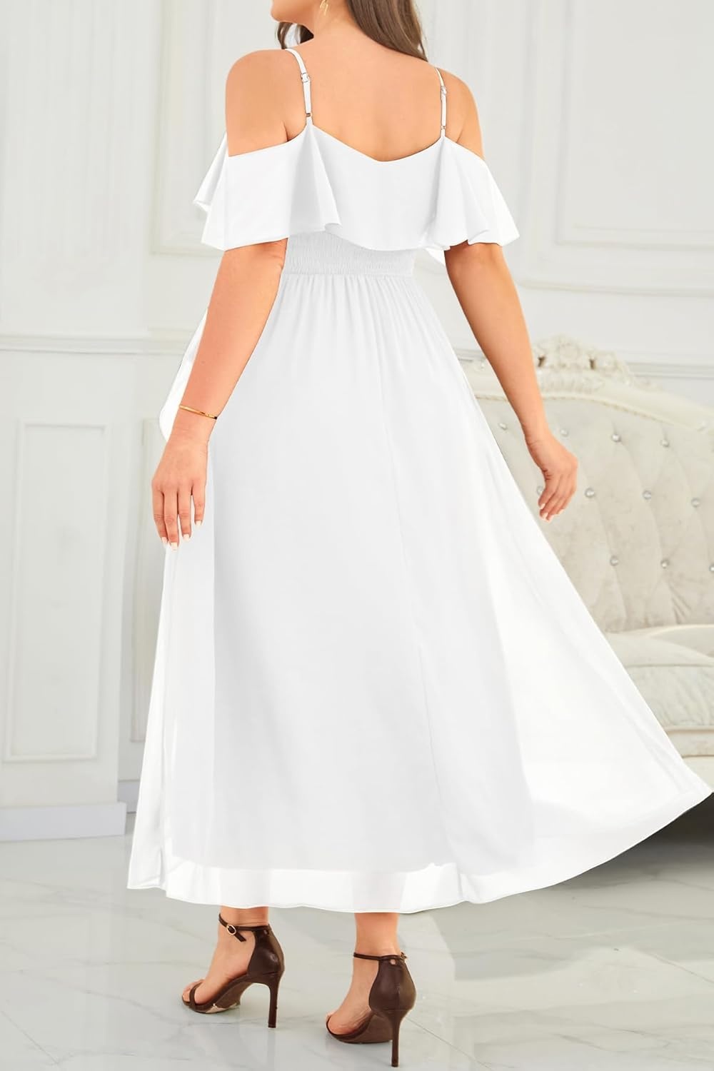 Talisea Plus Size Dresses Wedding Guest – Formal Off The Shoulder Bridesmaid Chiffon Ruffle Long High Low Dress Curvy Women(White)