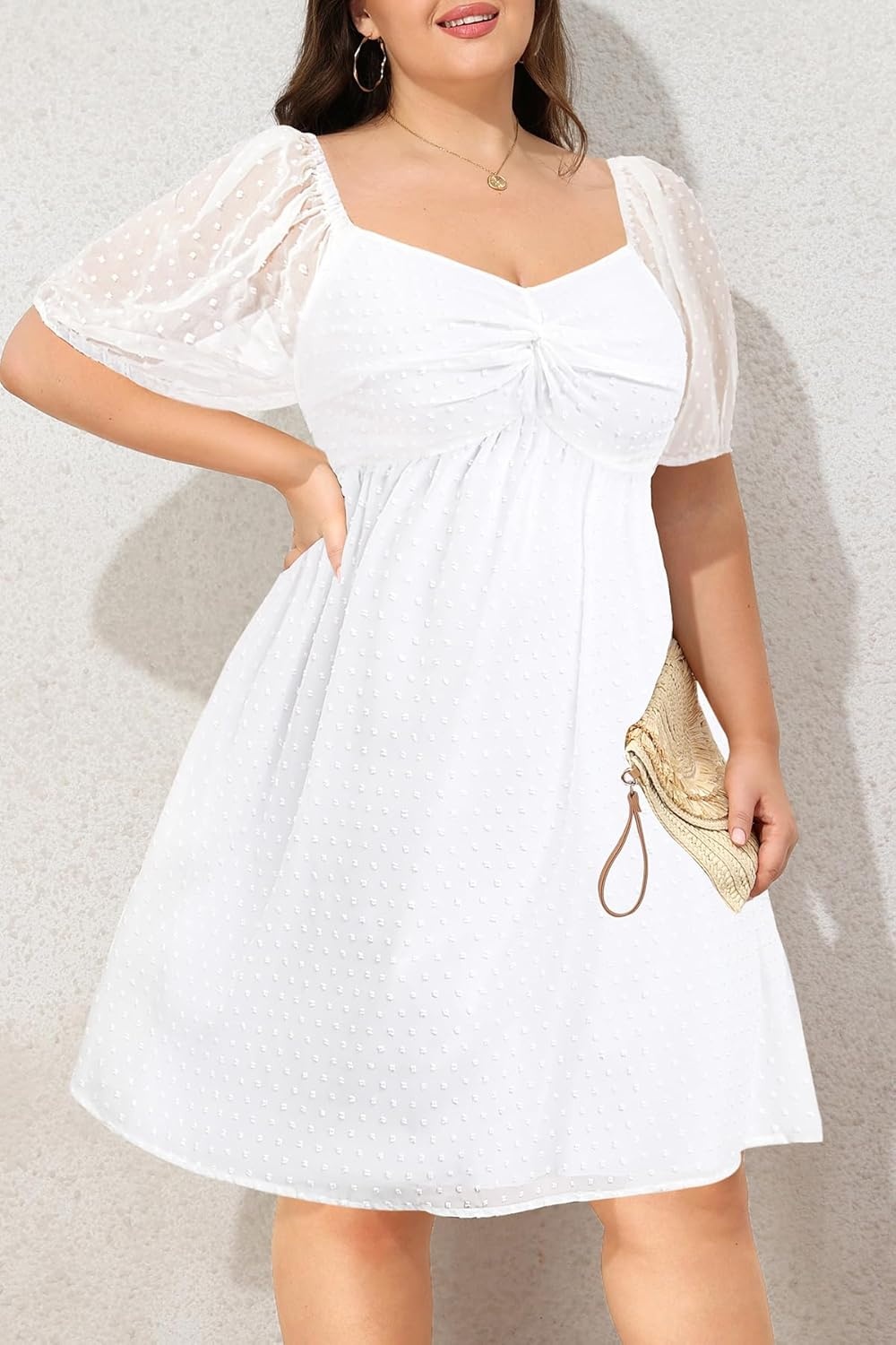 Plus Size Graduation Dress – Summer Swiss Dot Sweetheart Neckline Short Sundress Puff Sleeve Cute Flowy Chiffon Dresses(White Short Sleeve)
