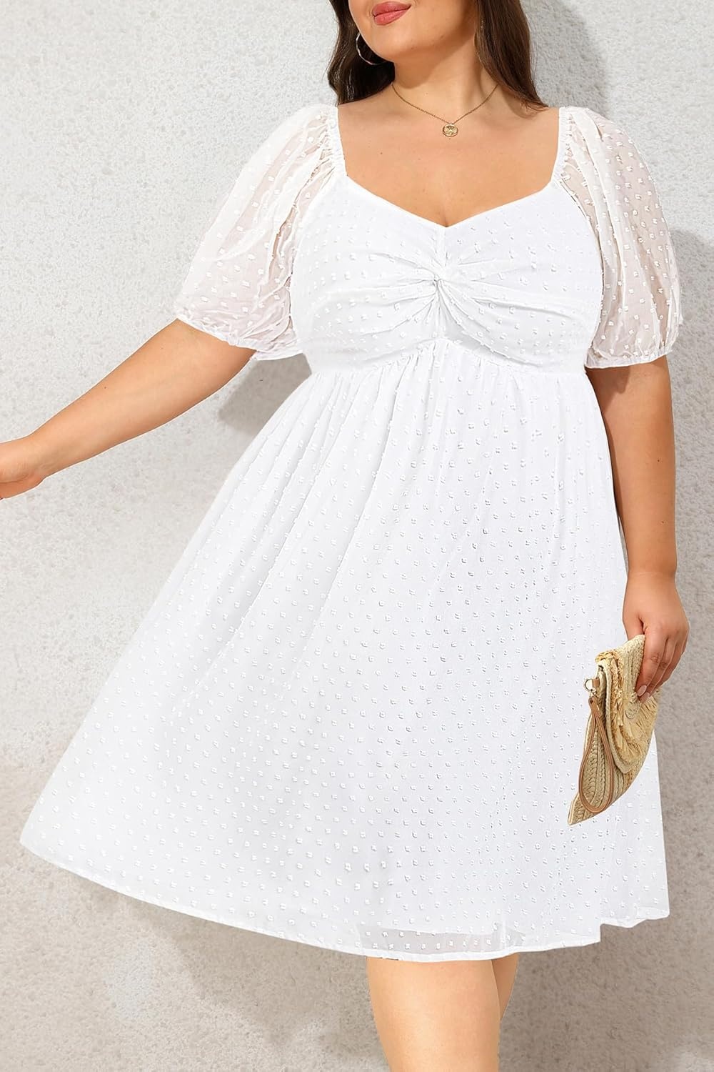Plus Size Graduation Dress – Summer Swiss Dot Sweetheart Neckline Short Sundress Puff Sleeve Cute Flowy Chiffon Dresses(White Short Sleeve)