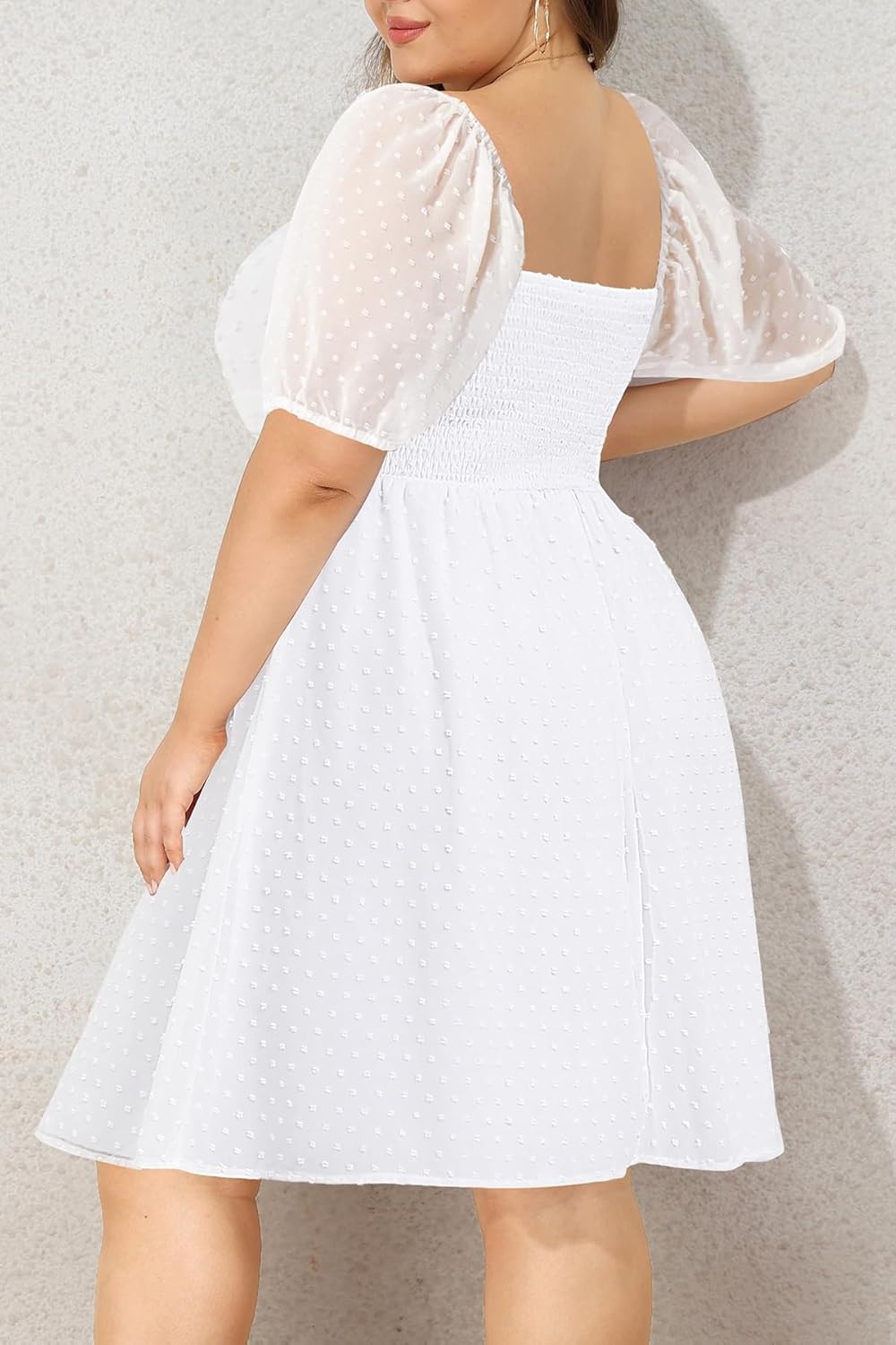 Plus Size Graduation Dress – Summer Swiss Dot Sweetheart Neckline Short Sundress Puff Sleeve Cute Flowy Chiffon Dresses(White Short Sleeve)
