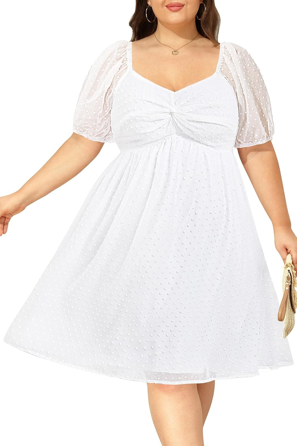 Plus Size Graduation Dress – Summer Swiss Dot Sweetheart Neckline Short Sundress Puff Sleeve Cute Flowy Chiffon Dresses(White Short Sleeve)