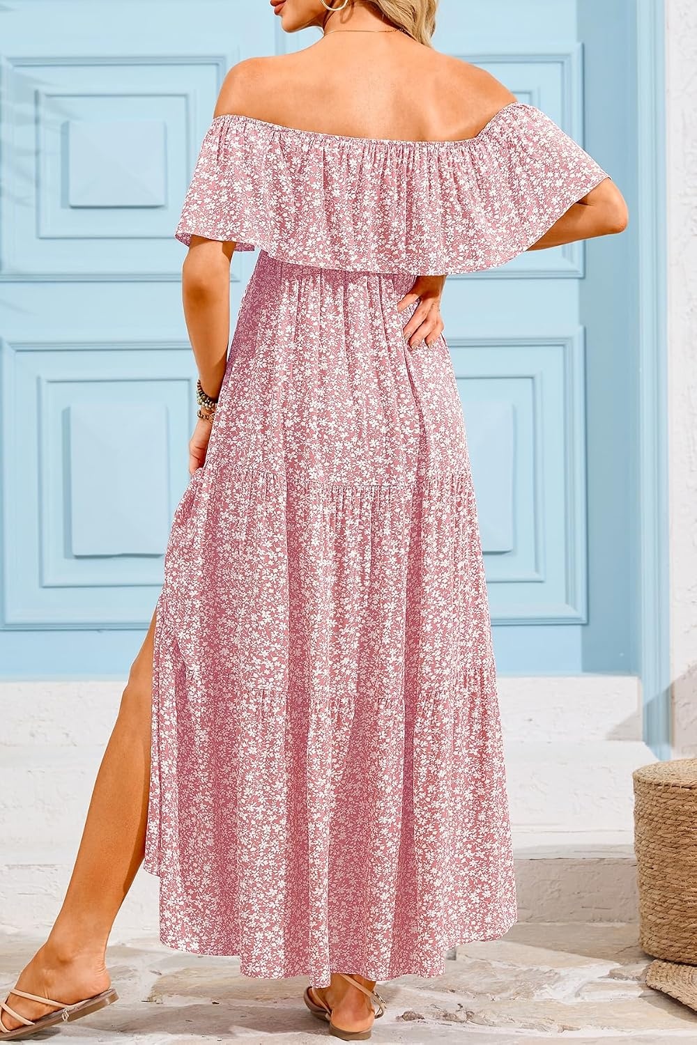Maternity Dress for Photoshoot Off Shoulder Ruffles Summer Flowy Maxi Pregnancy Dress for Baby Shower with Slit(Pink Floral)