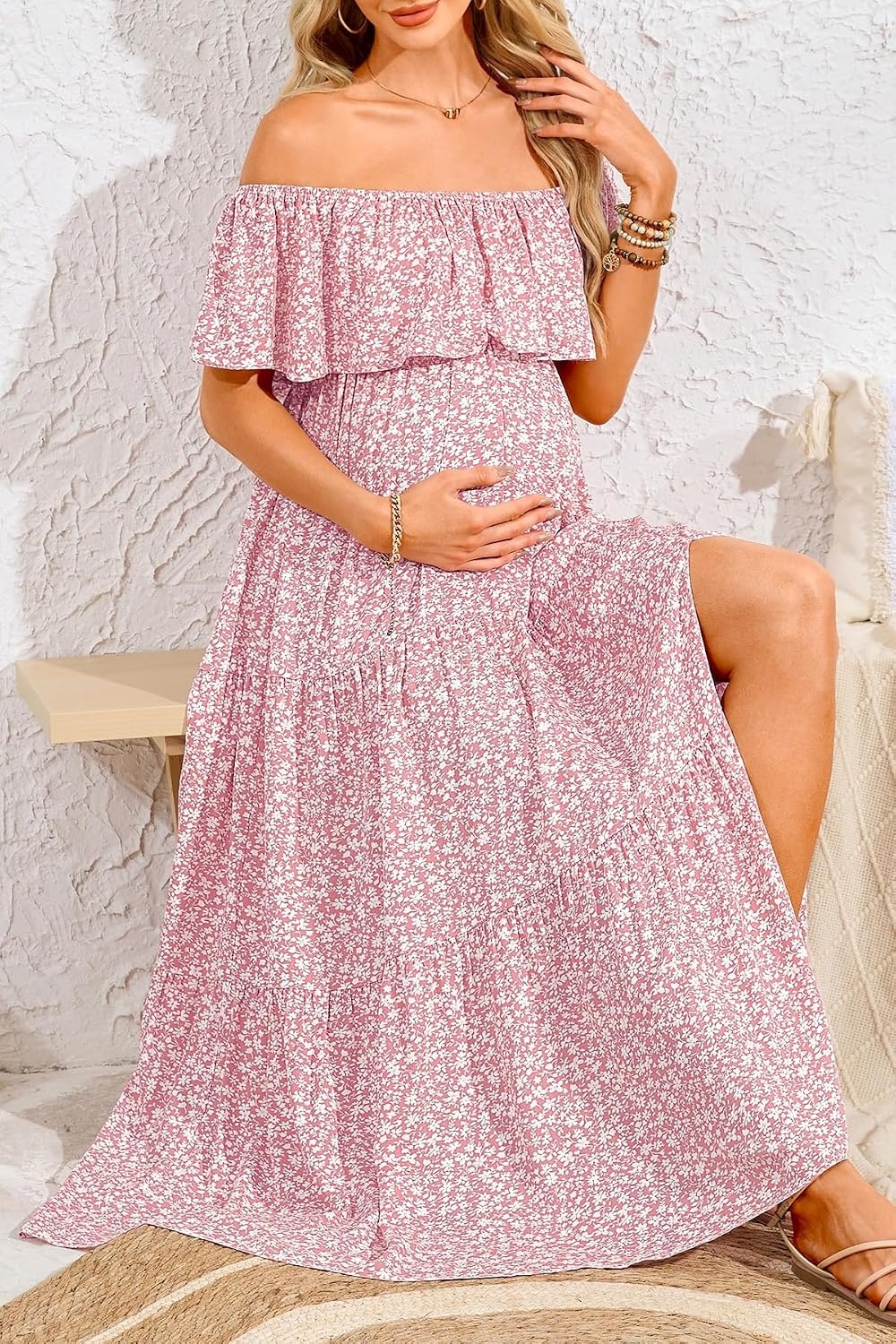 Maternity Dress for Photoshoot Off Shoulder Ruffles Summer Flowy Maxi Pregnancy Dress for Baby Shower with Slit(Pink Floral)
