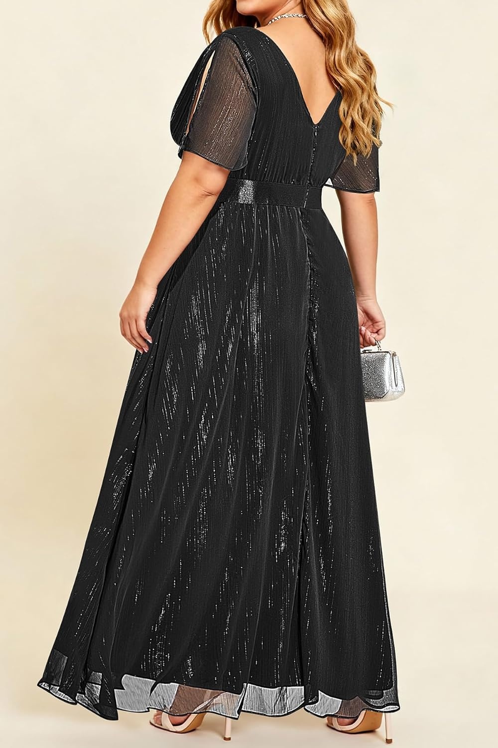 Talisea Plus Size Formal Dress – Chiffon V Neck Bridesmaid Wedding Guest Party Short Sleeve A-Line Floor Length Dresses(Black)