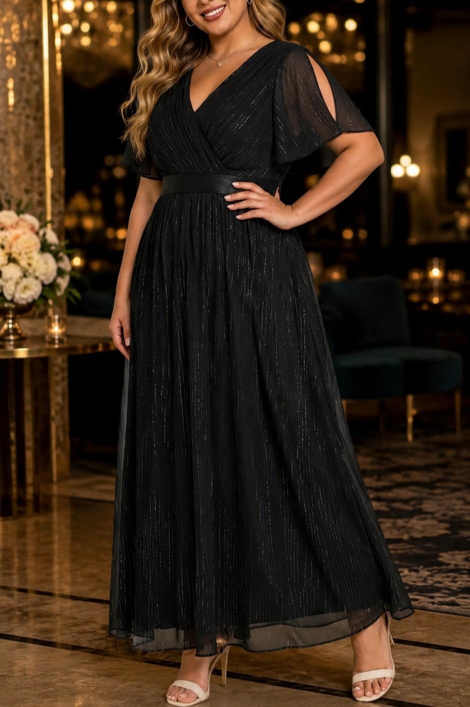Talisea Plus Size Formal Dress – Chiffon V Neck Bridesmaid Wedding Guest Party Short Sleeve A-Line Floor Length Dresses(Black)