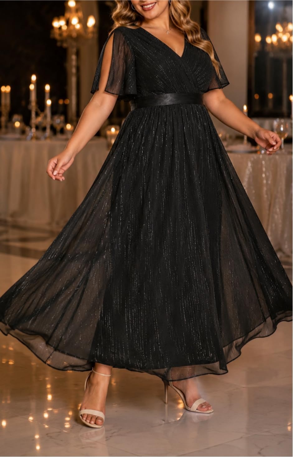 Talisea Plus Size Formal Dress – Chiffon V Neck Bridesmaid Wedding Guest Party Short Sleeve A-Line Floor Length Dresses(Black)