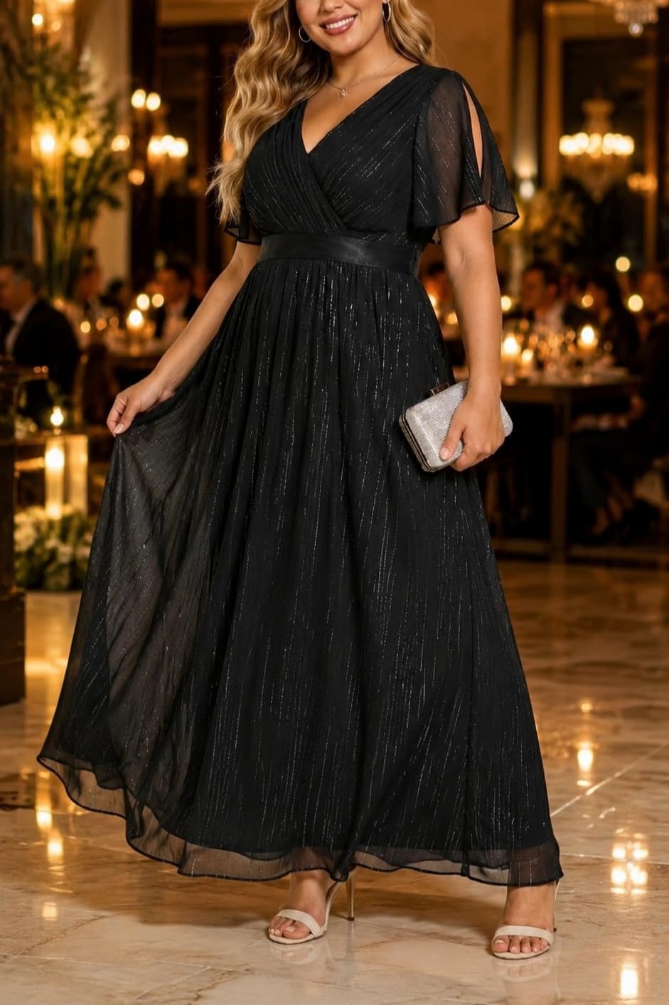 Talisea Plus Size Formal Dress – Chiffon V Neck Bridesmaid Wedding Guest Party Short Sleeve A-Line Floor Length Dresses(Black)