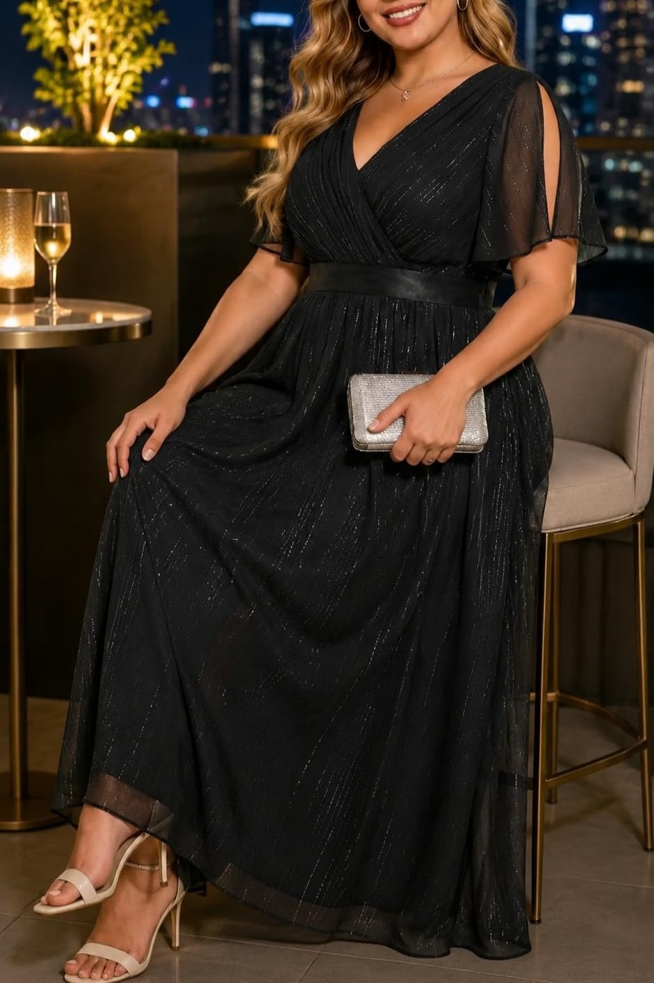 Talisea Plus Size Formal Dress – Chiffon V Neck Bridesmaid Wedding Guest Party Short Sleeve A-Line Floor Length Dresses(Black)