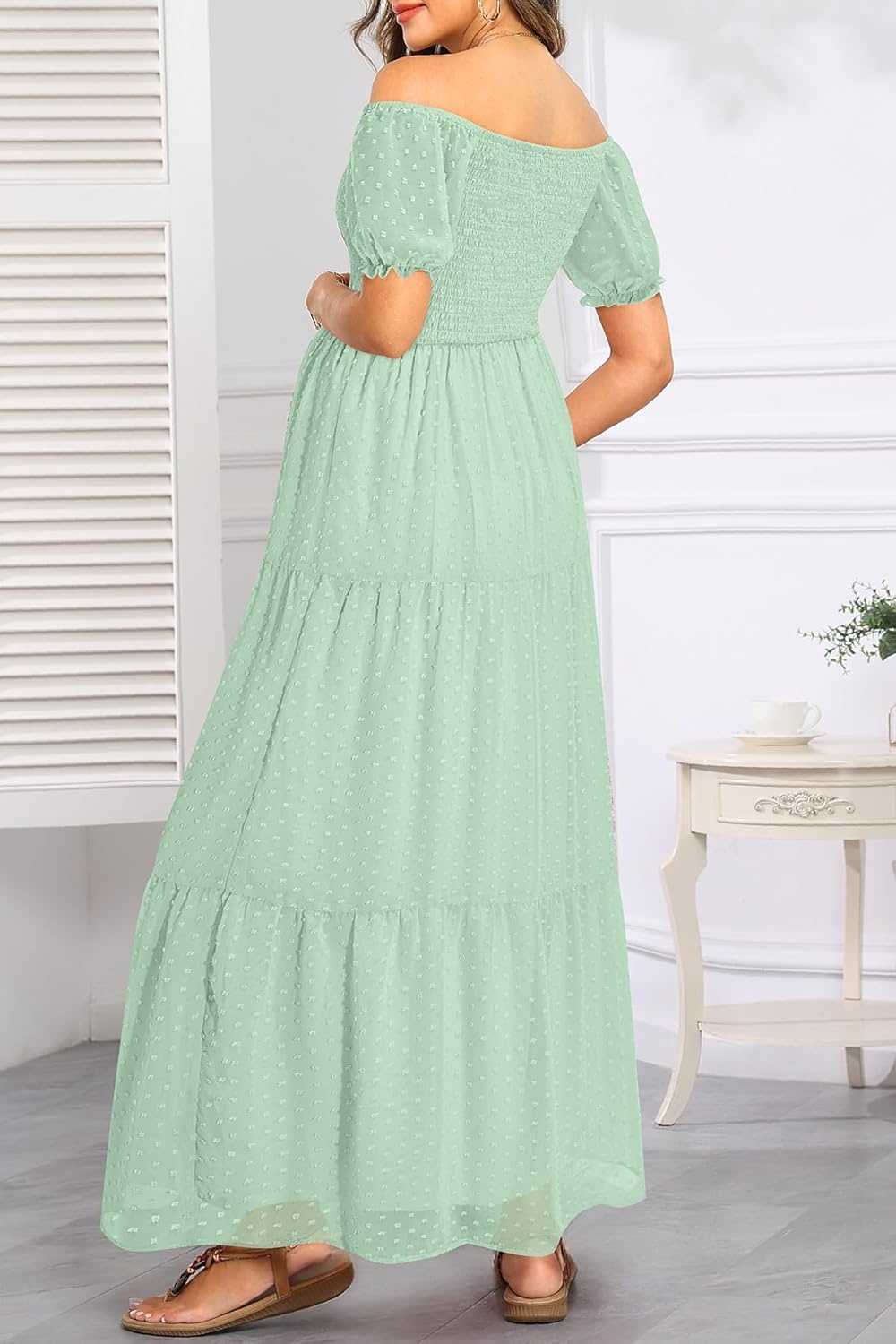 Off The Shoulder Maternity Dress for Baby Shower – Women’s Boho Swiss Dot Smocked Puff Sleeve Maxi Dress(Mint Green)
