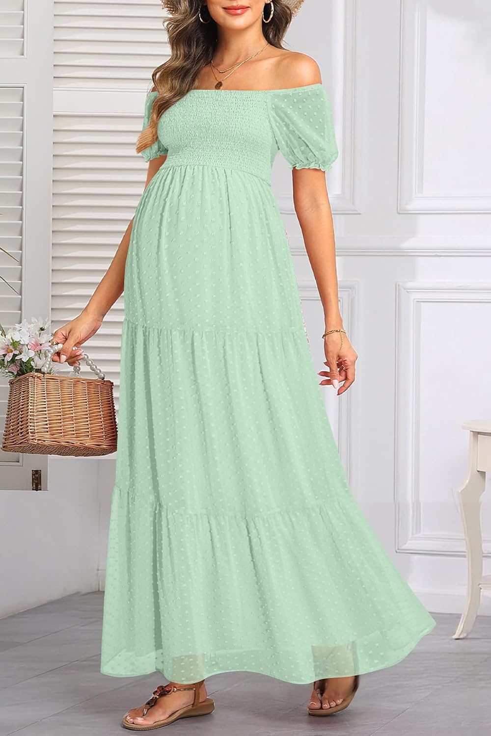 Off The Shoulder Maternity Dress for Baby Shower – Women’s Boho Swiss Dot Smocked Puff Sleeve Maxi Dress(Mint Green)