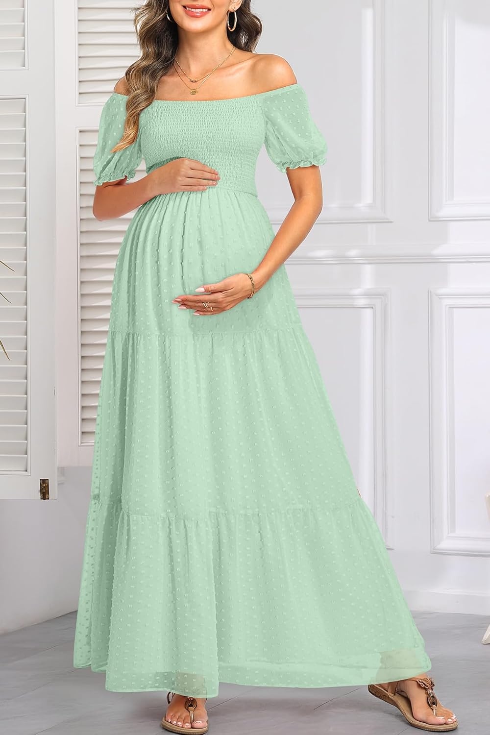 Off The Shoulder Maternity Dress for Baby Shower – Women’s Boho Swiss Dot Smocked Puff Sleeve Maxi Dress(Mint Green)