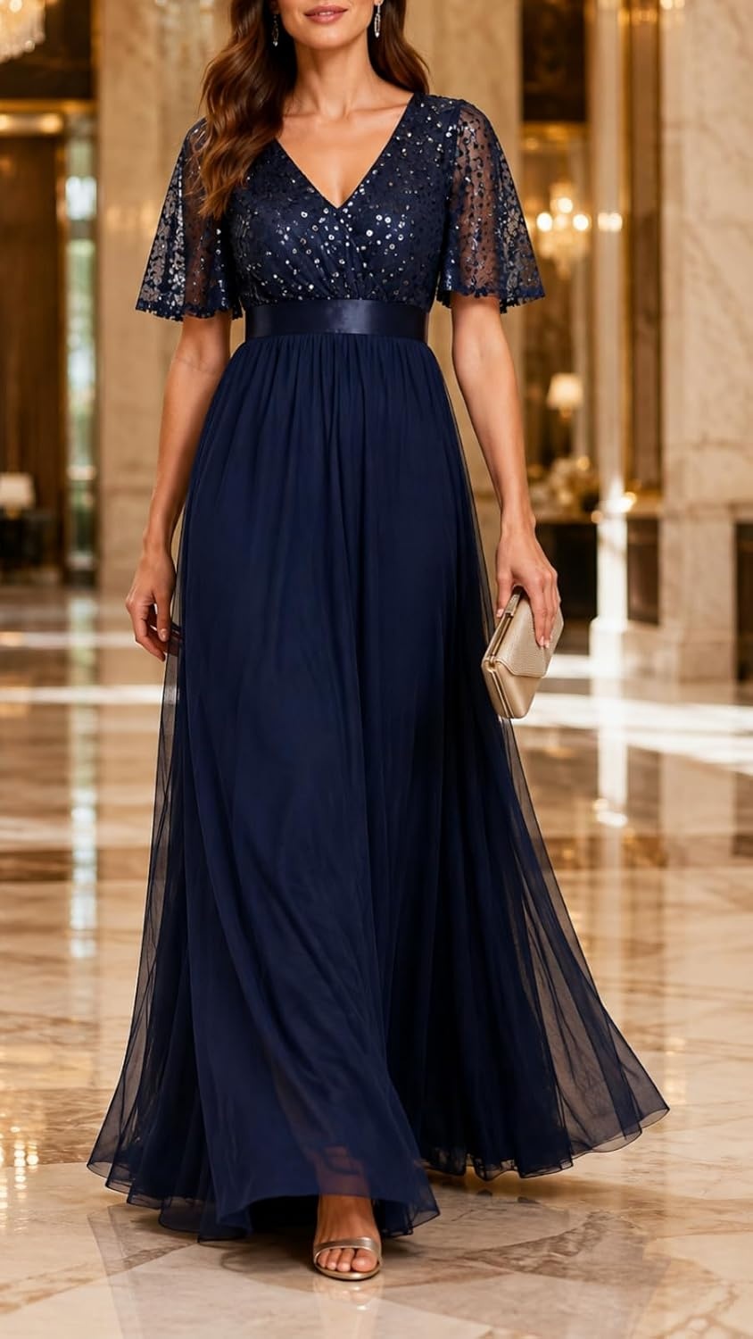 Formal Dresses Sequin Tulle V Neck A Line Long Dress Prom Evening Gown(Navy Blue)