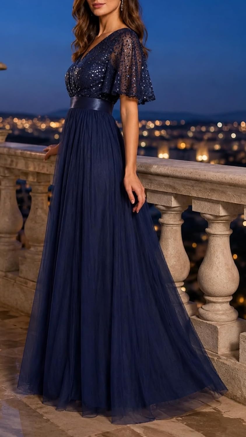 Formal Dresses Sequin Tulle V Neck A Line Long Dress Prom Evening Gown(Navy Blue)