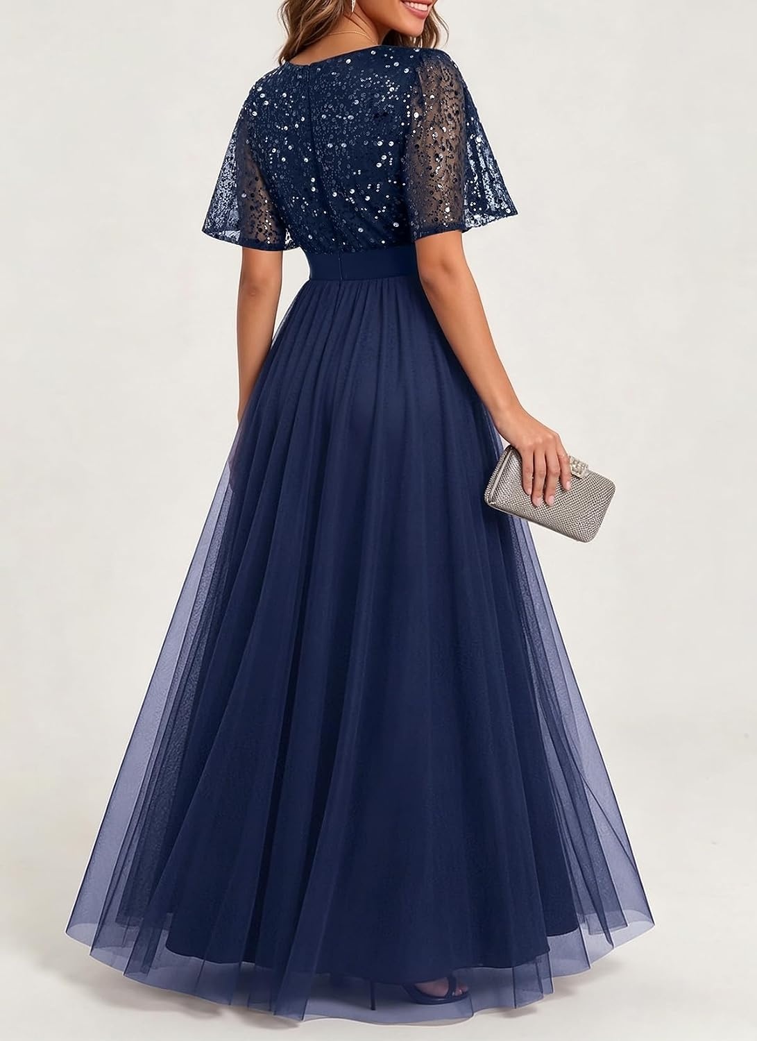 Formal Dresses Sequin Tulle V Neck A Line Long Dress Prom Evening Gown(Navy Blue)