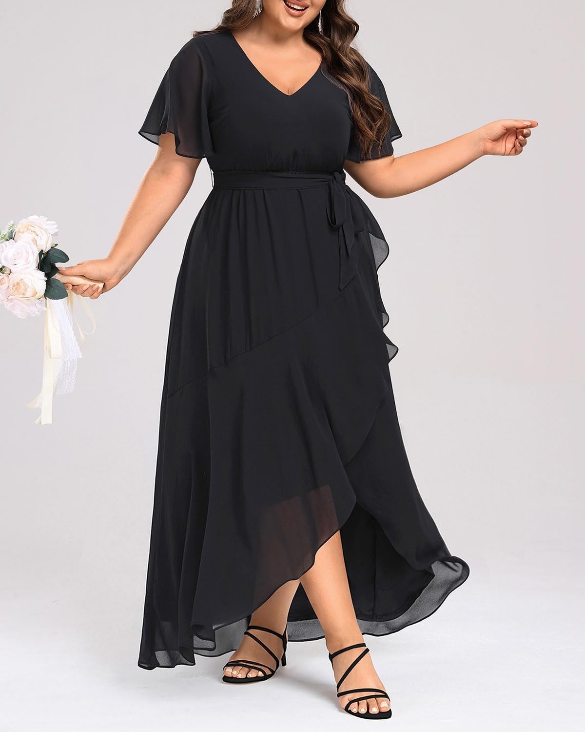 Talisea Plus Size Wedding Guest Dress – High Low Chiffon Ruffle Formal Gown(Black)