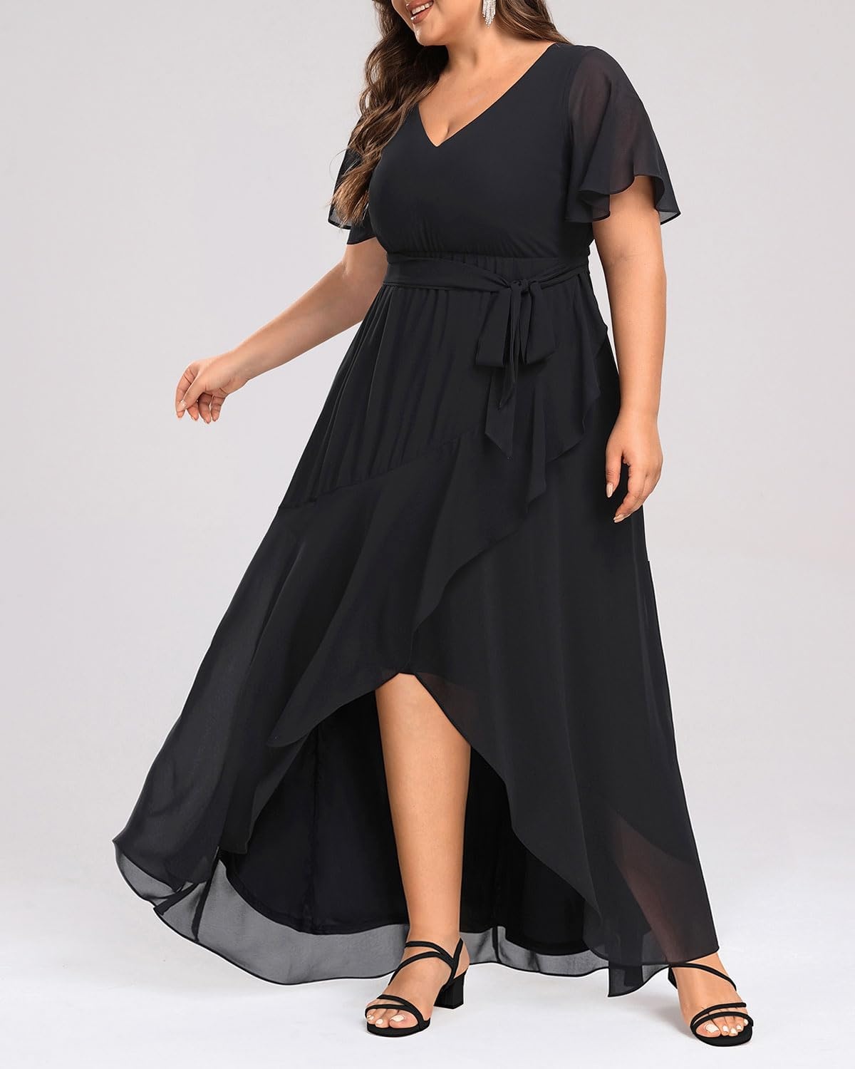 Talisea Plus Size Wedding Guest Dress – High Low Chiffon Ruffle Formal Gown(Black)