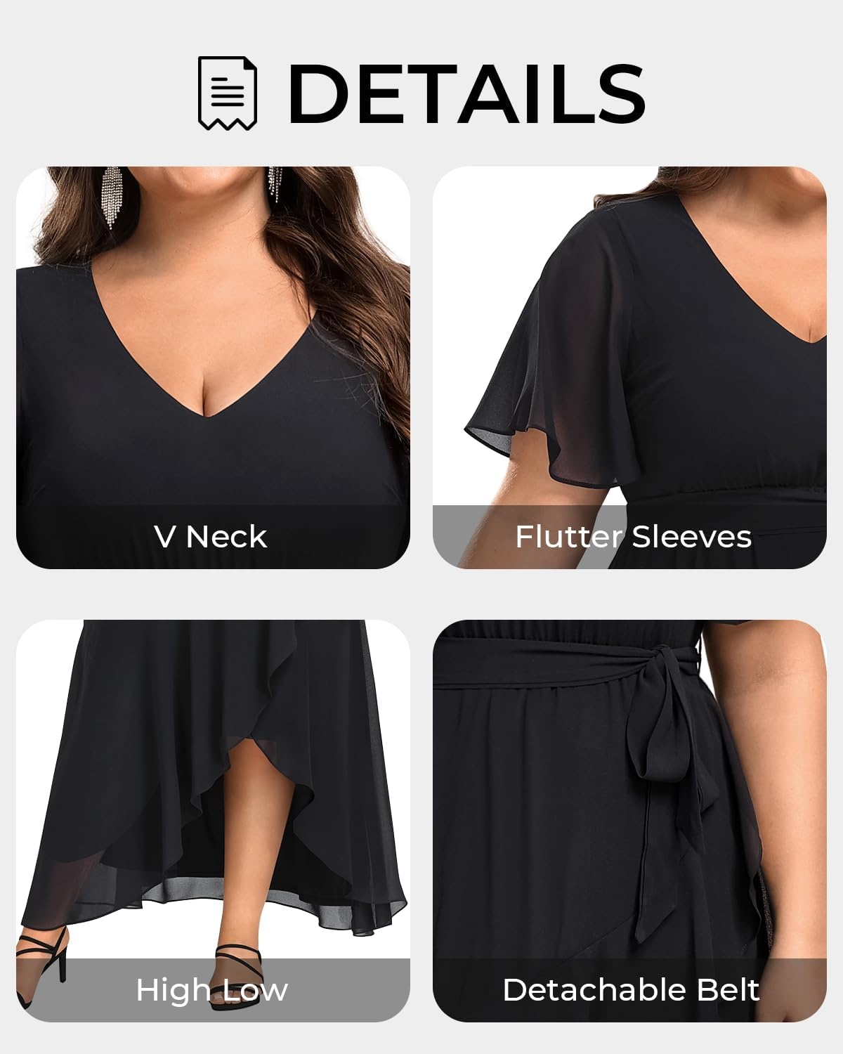 Talisea Plus Size Wedding Guest Dress – High Low Chiffon Ruffle Formal Gown(Black)