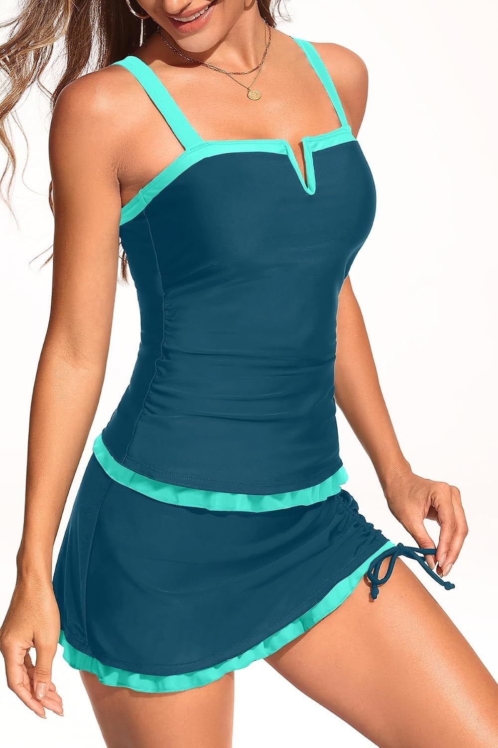 Talisea Womens Tankini Swimsuits with Skirt – Two Piece Bathing Suits V-Wire Tummy Control Drawstring Swimwear(Teal and Green)