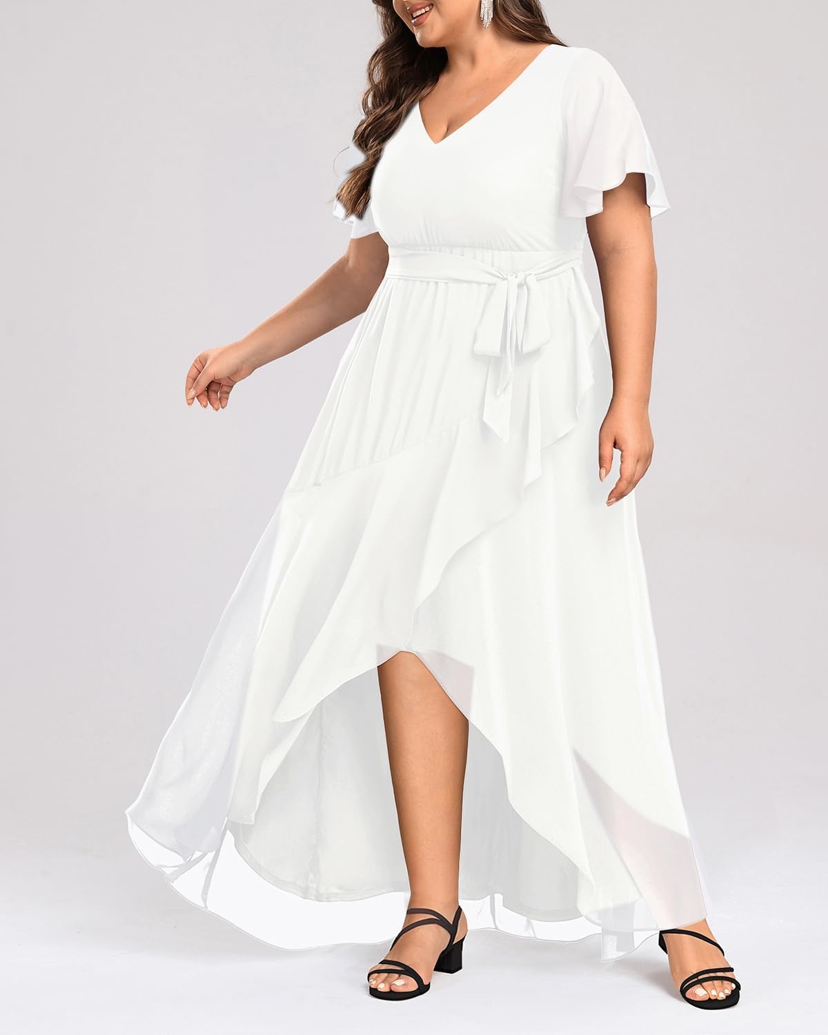 Talisea Plus Size Wedding Guest Dress – High Low Chiffon Ruffle Formal Gown(White)