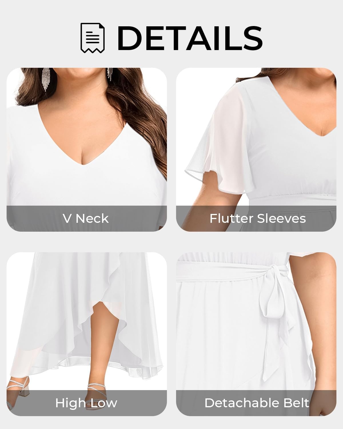 Talisea Plus Size Wedding Guest Dress – High Low Chiffon Ruffle Formal Gown(White)