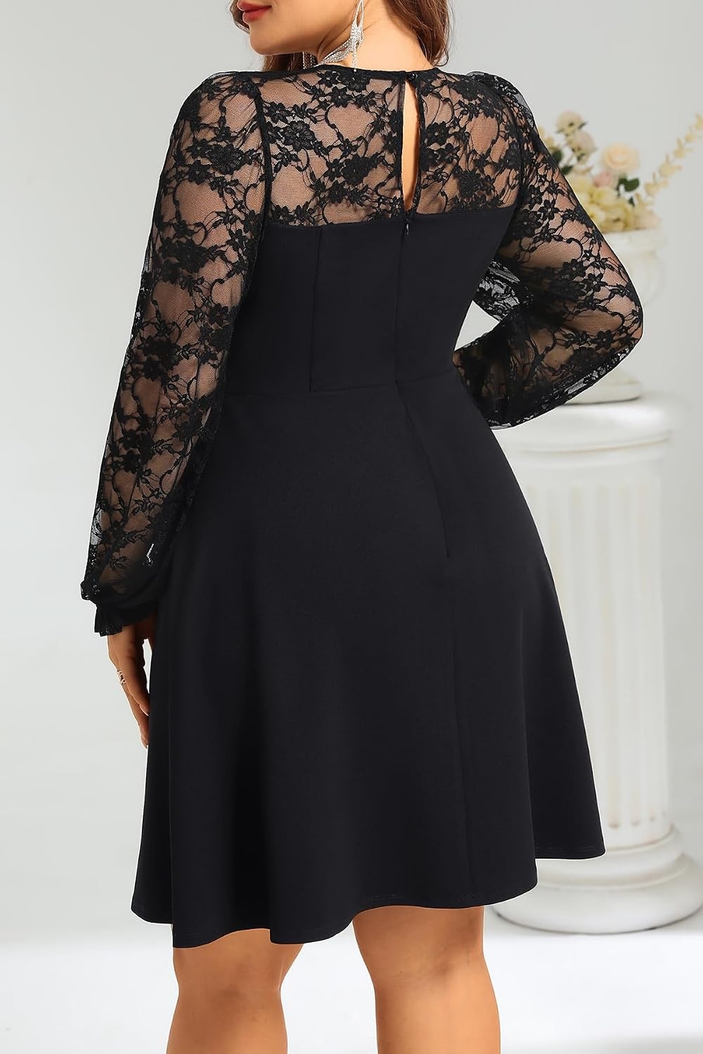 Plus Size Cocktail Dress Black Lace Long Sleeve Short A Line Dresses Women(Black Long Sleeve)