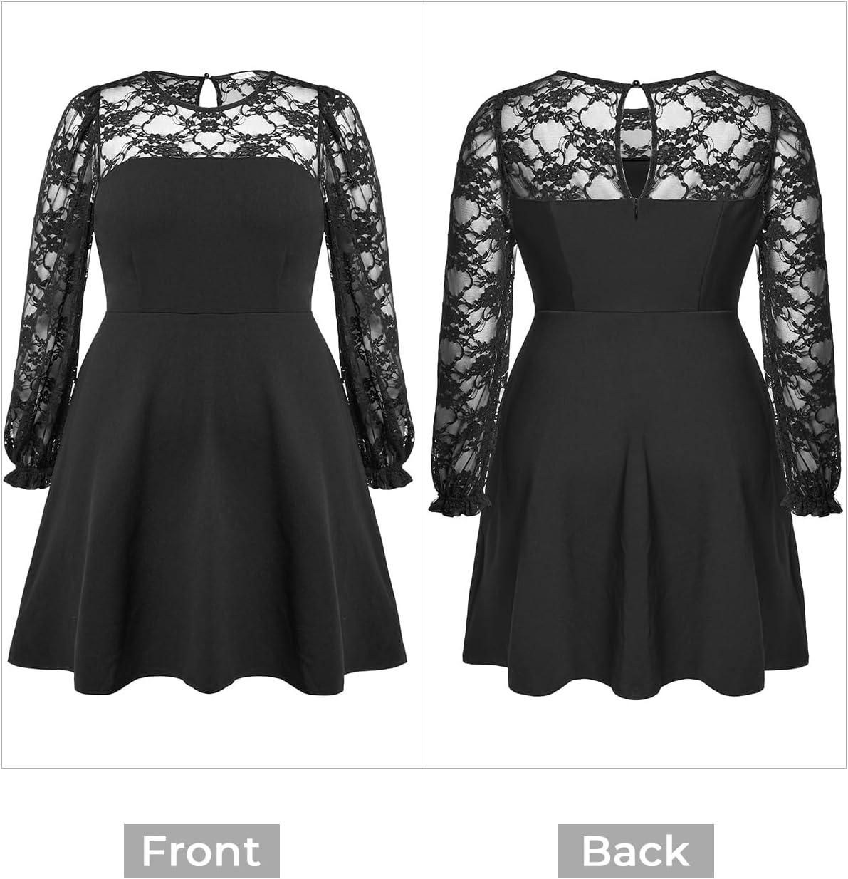 Plus Size Cocktail Dress Black Lace Long Sleeve Short A Line Dresses Women(Black Long Sleeve)