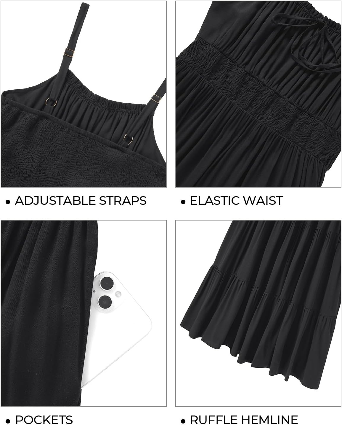 Talisea Plus Size Summer Dress – Boho Spaghetti Strap Maxi Dress Women | Casual boho long maxi sundress with pockets, adjustable spaghetti straps & flowy fit for summer beach vacation.(Black)