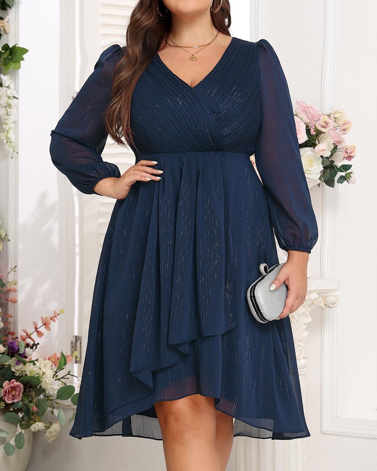 Plus Size Wedding Guest Dress – Formal Long Sleeve A Line V Neck Midi Dress | Formal fall wedding guest dress, cocktail sparkle dress, A-line pleated midi style with long sleeves & V-neck for women.(Dark Blue)