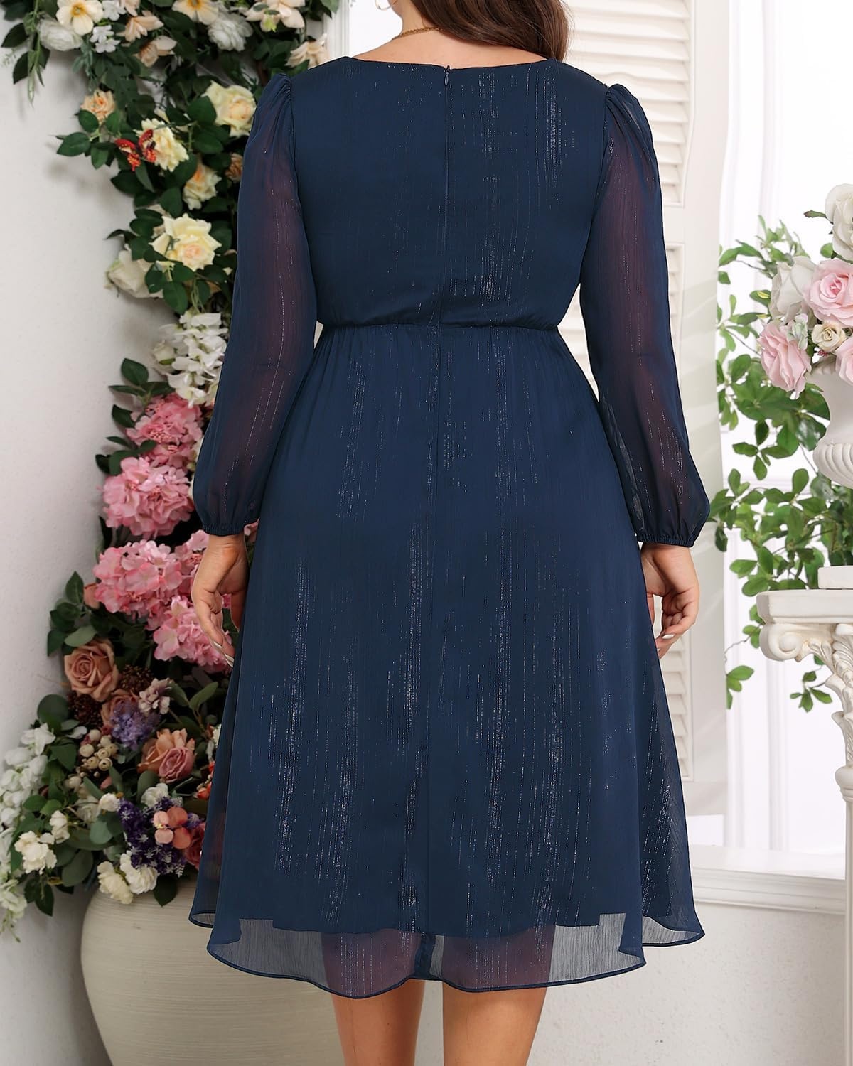 Plus Size Wedding Guest Dress – Formal Long Sleeve A Line V Neck Midi Dress | Formal fall wedding guest dress, cocktail sparkle dress, A-line pleated midi style with long sleeves & V-neck for women.(Dark Blue)