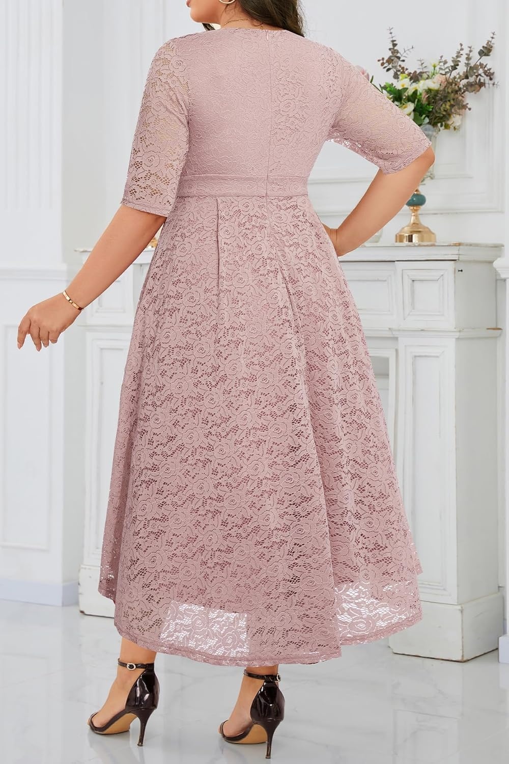 Plus Size Wedding Guest Dress – Lace Cocktail Formal Faux Wrap V Neck High Low Short Sleeve Party Maxi Dresses(Dusty Pink)