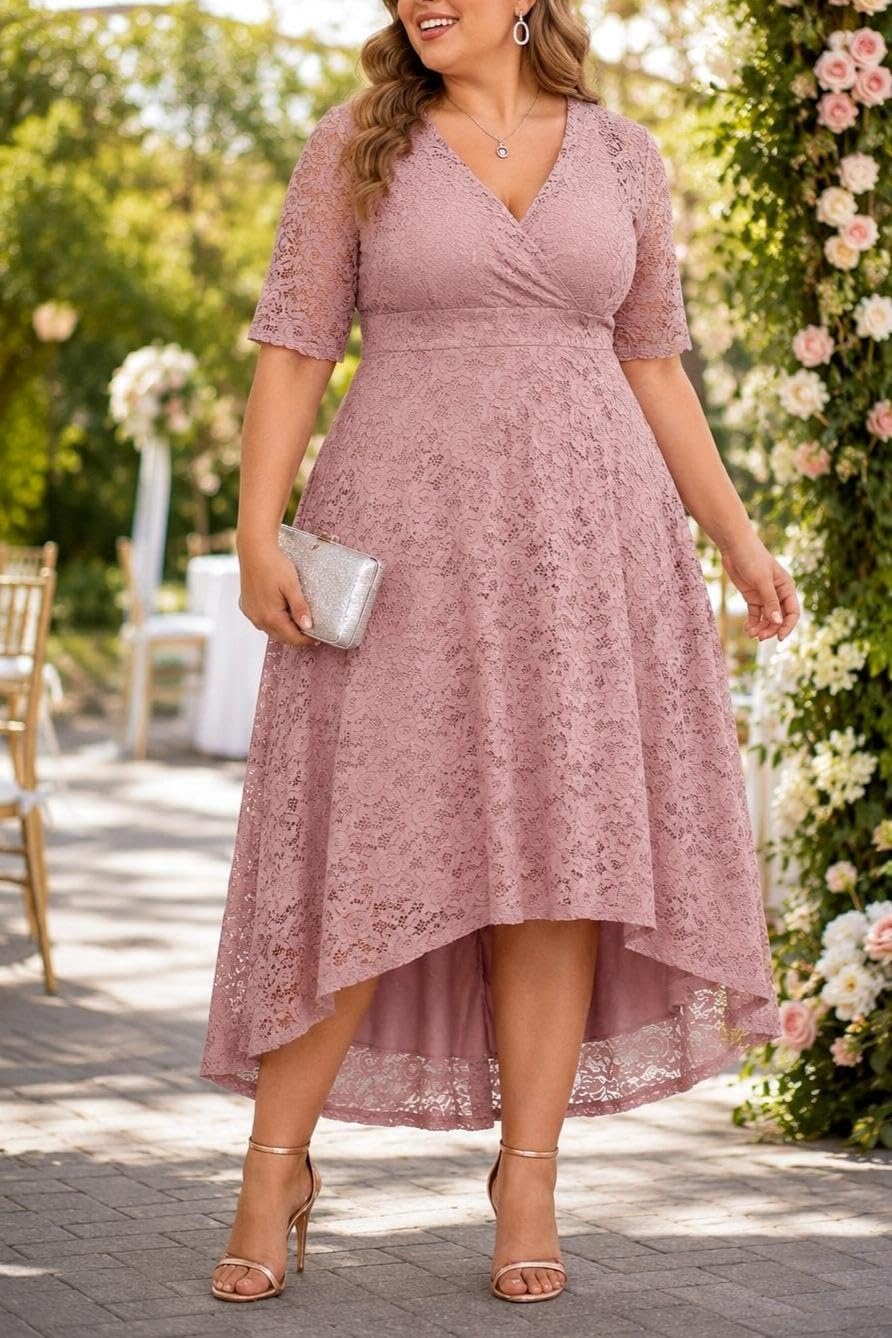 Plus Size Wedding Guest Dress – Lace Cocktail Formal Faux Wrap V Neck High Low Short Sleeve Party Maxi Dresses(Dusty Pink)