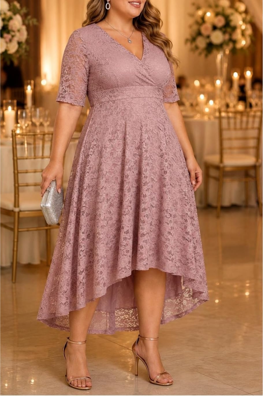 Plus Size Wedding Guest Dress – Lace Cocktail Formal Faux Wrap V Neck High Low Short Sleeve Party Maxi Dresses(Dusty Pink)