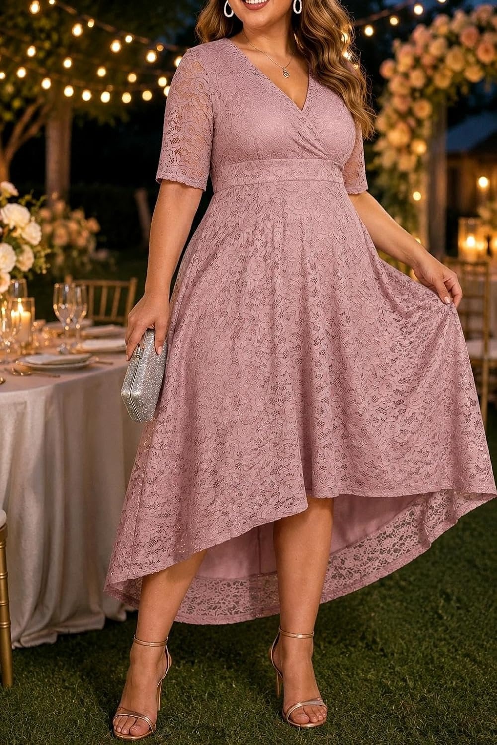 Plus Size Wedding Guest Dress – Lace Cocktail Formal Faux Wrap V Neck High Low Short Sleeve Party Maxi Dresses(Dusty Pink)