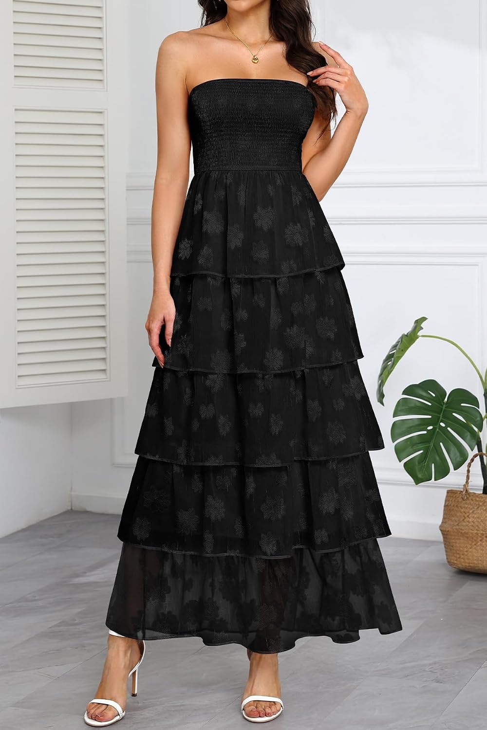 Talisea Wedding Guest Dress Jacquard Strapless Smocked Tiered Maxi Dress | Exquisite Floral Textured Jacquard, Sleeveless Ruffle Chiffon Long Dress for Wedding, Bridal Shower, Graduation, Party, Beach(Black)