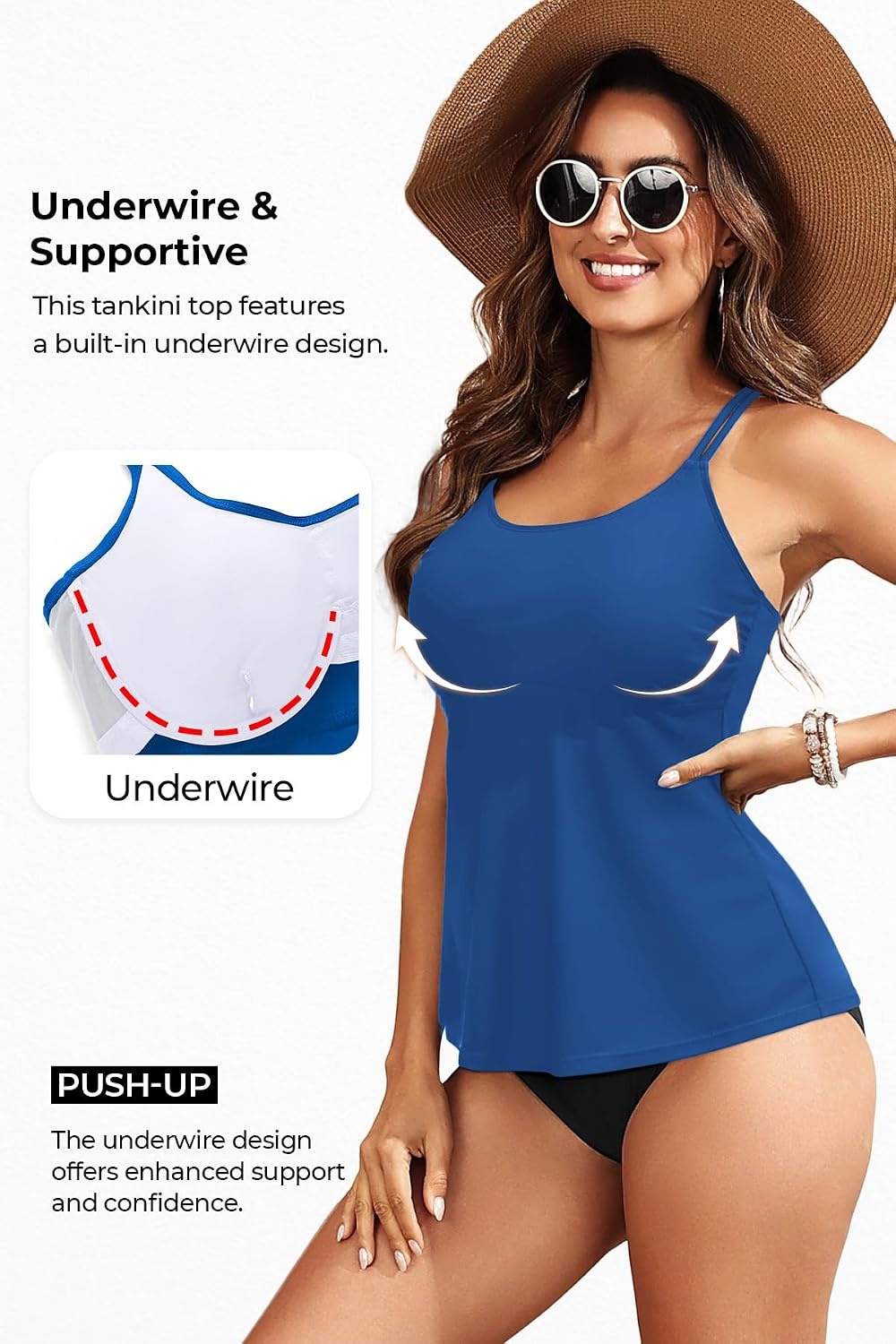 Women Underwire Tankini Top Only – Supportive Flowy Swimsuit Top(Blue)