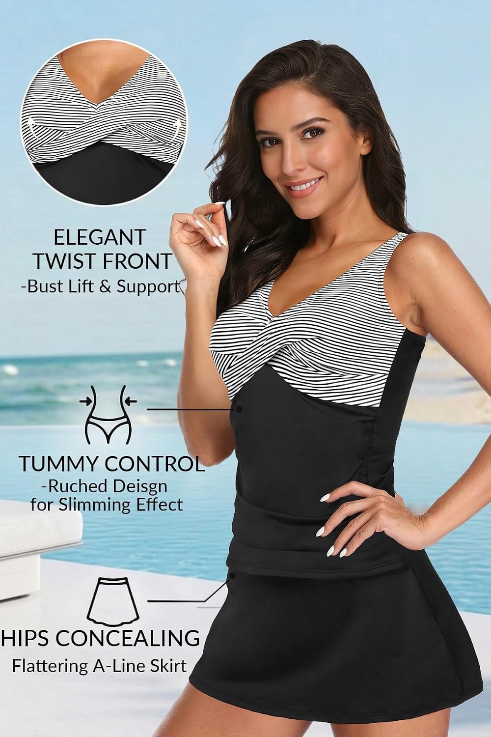 Talisea Womens Tankini Bathing Suits with Skirt Two Piece Tummy Control Swimsuits Ladies Swimwear(Black Stripe)