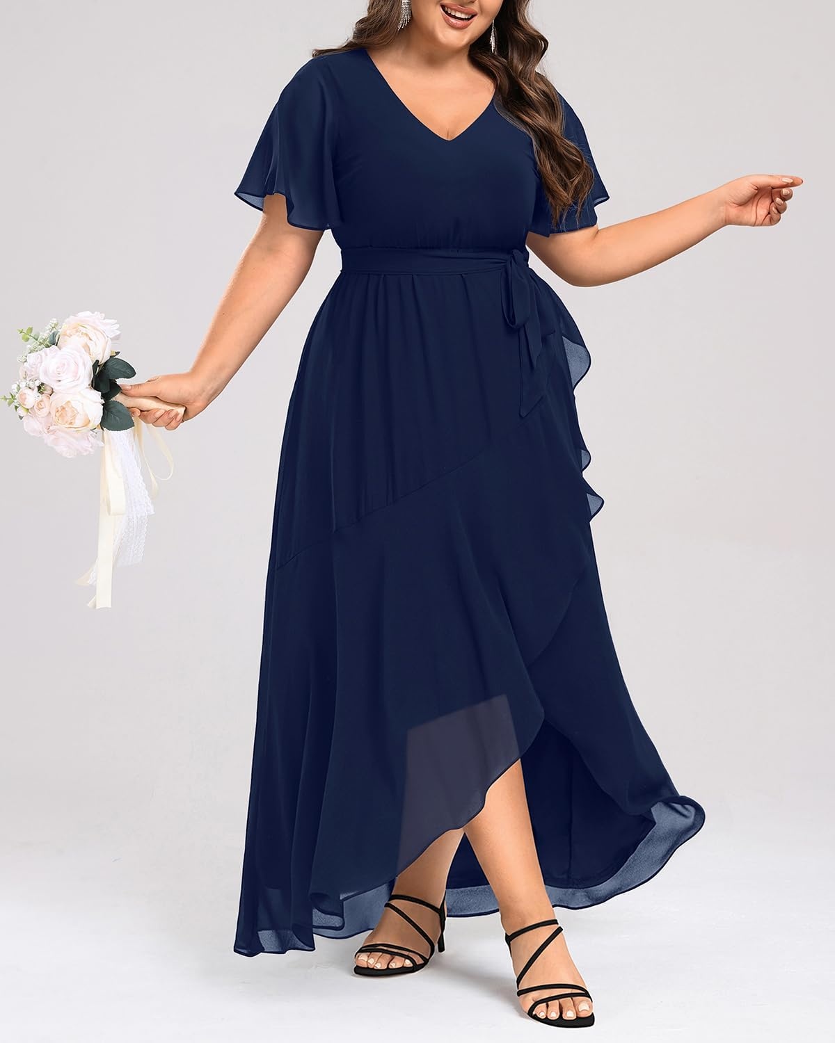 Talisea Plus Size Wedding Guest Dress – High Low Chiffon Ruffle Formal Gown(Navy Blue)