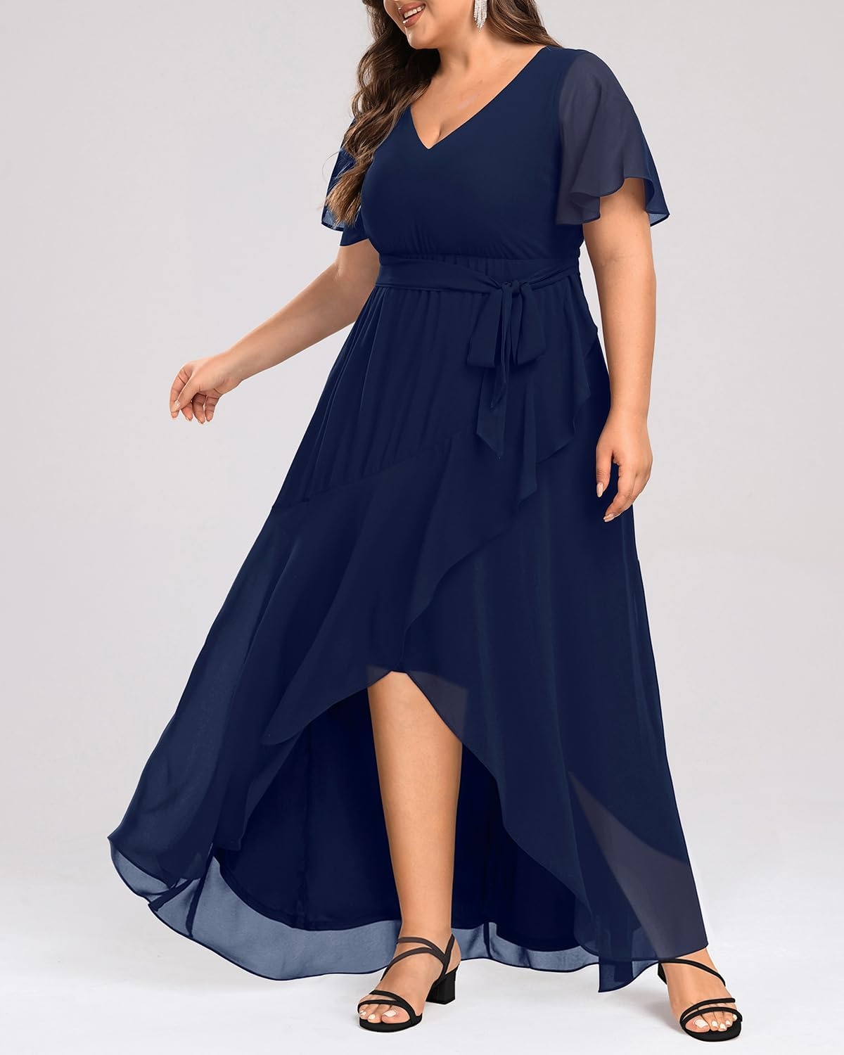 Talisea Plus Size Wedding Guest Dress – High Low Chiffon Ruffle Formal Gown(Navy Blue)