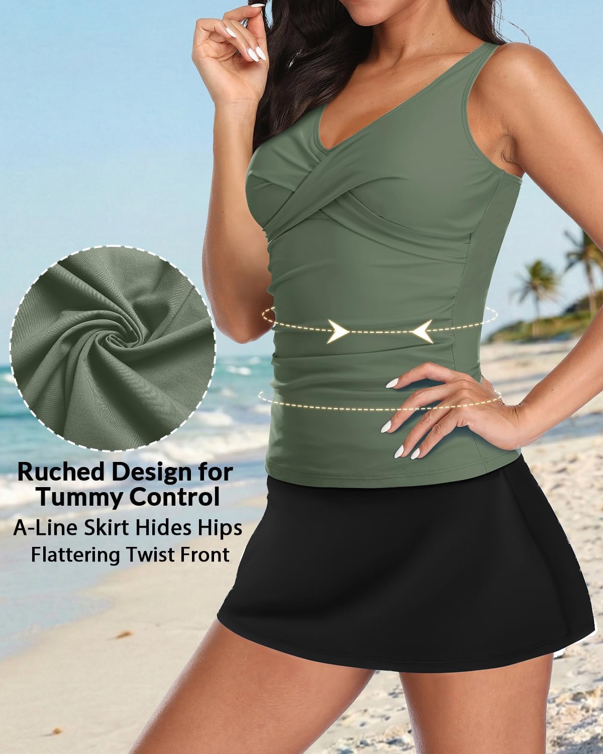Talisea Womens Tankini Bathing Suits with Skirt Two Piece Tummy Control Swimsuits Ladies Swimwear(Army Green)