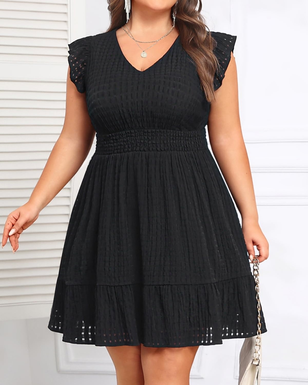 Talisea Women’s Plus Size Summer Dress – Casual V-Neck Flutter Sleeves A-Line Short Sun Dress with Pockets for Beach Vacation(Black)