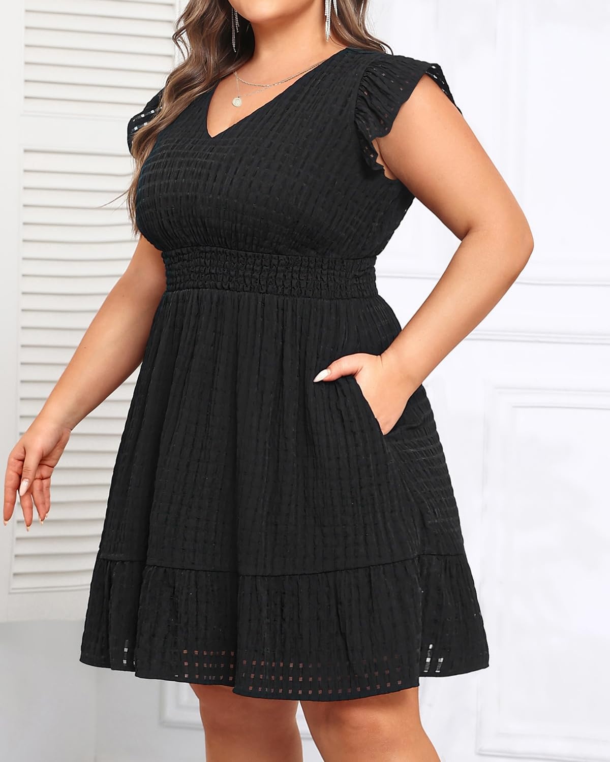 Talisea Women’s Plus Size Summer Dress – Casual V-Neck Flutter Sleeves A-Line Short Sun Dress with Pockets for Beach Vacation(Black)